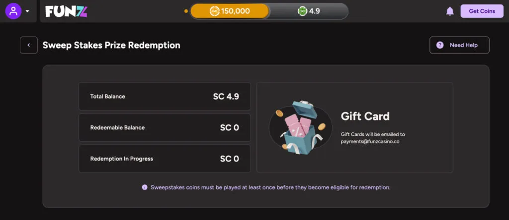 Funz Casino redemption page showing gift card prize option