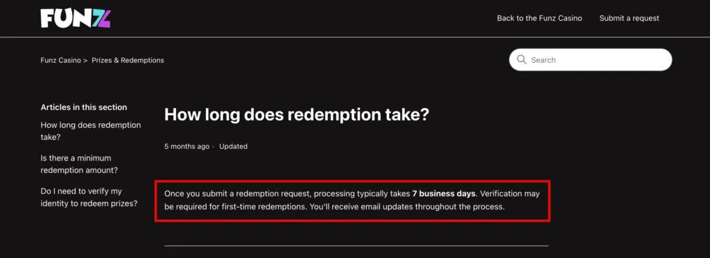 Funz Casino FAQ explaining redemption processing times