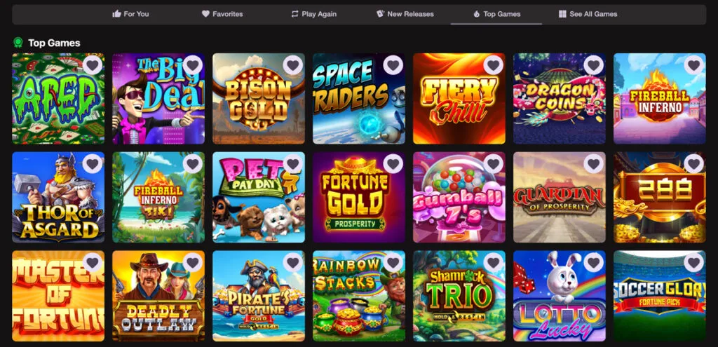 Funz Casino slot game library with Top Games category displayed