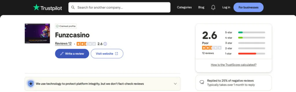 Trustpilot page for Funz Casino showing player ratings and reviews