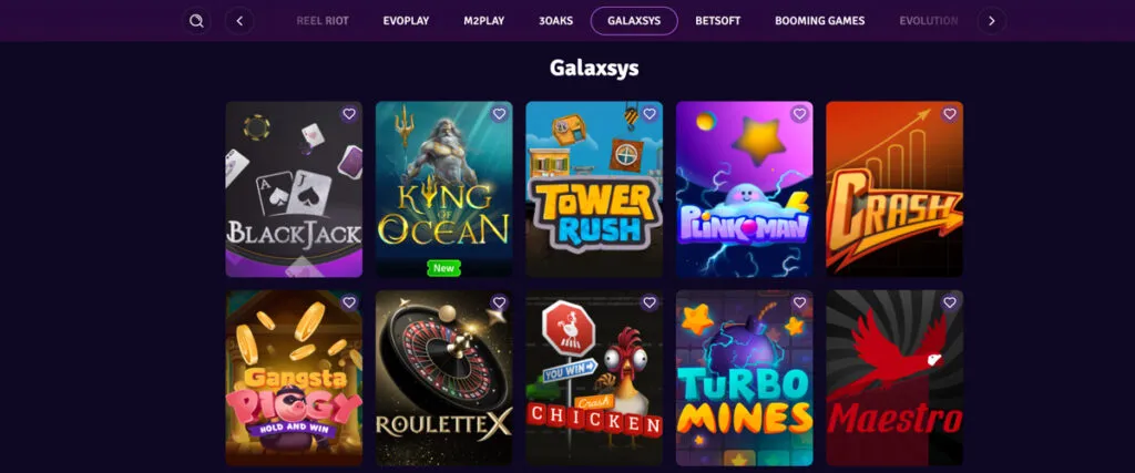 Galaxsys section on Lunaland Casino showing table games, shooting games, and crash games