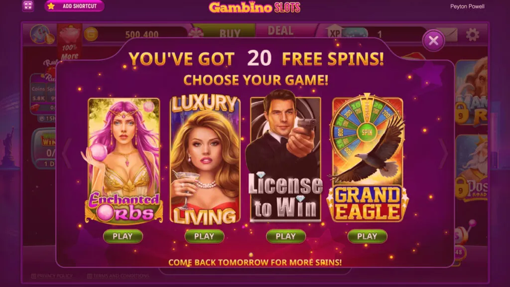 Gambino Slots showing 20 free spins on day one with four eligible slot games