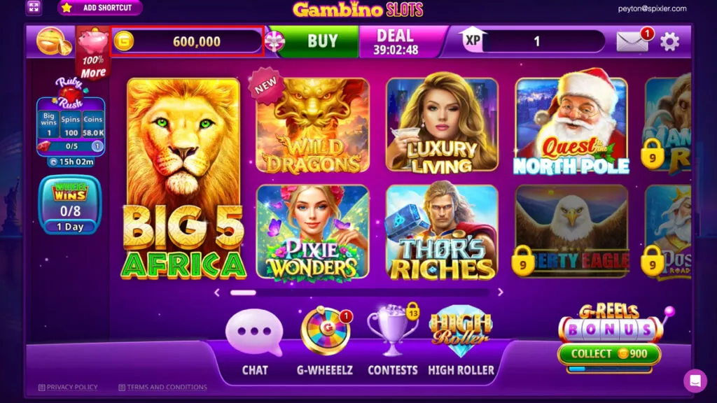 Gambino Slots balance showing 600,000 free G-Coins after sign-up