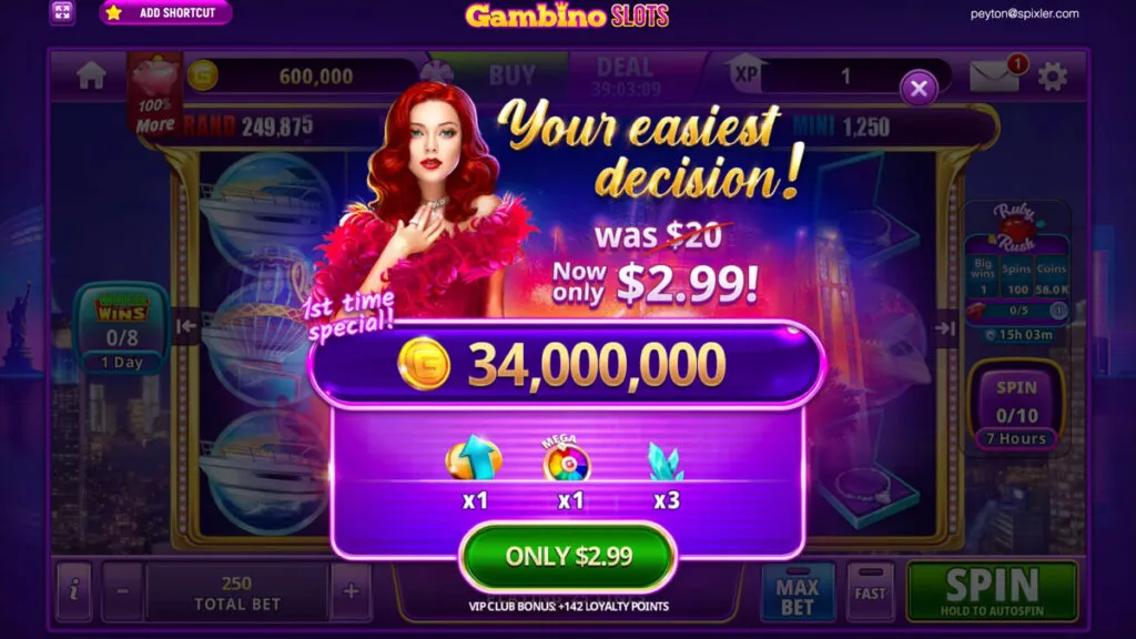 Gambino Slots “1st Time Special” pop-up offering 34 million G-Coins for $2.99
