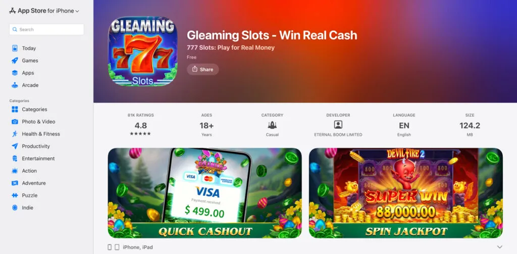Apple App Store preview of the Gleaming Slots mobile casino app