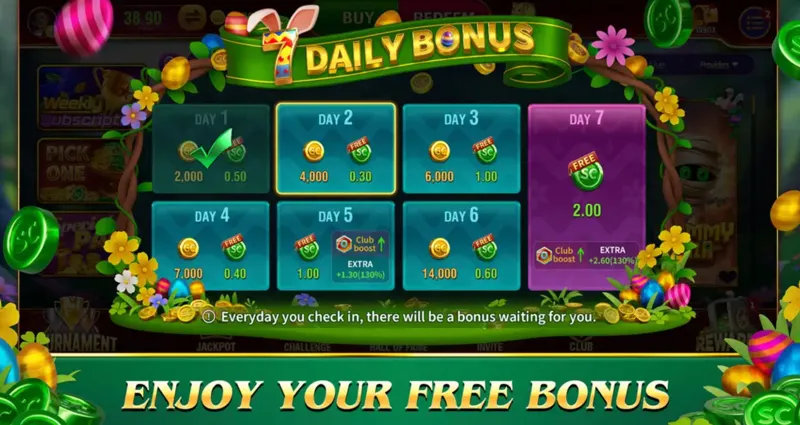 Gleaming Slots daily login bonus weekly rewards calendar