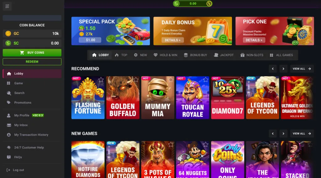 Gleaming Slots desktop website showing game categories and menu options