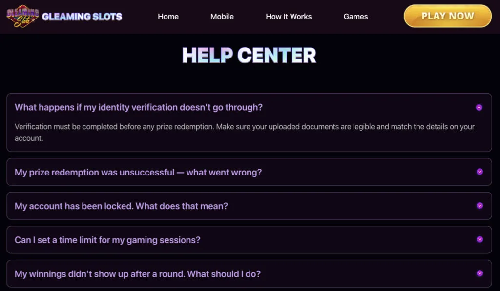 Gleaming Slots help center FAQ section on the website