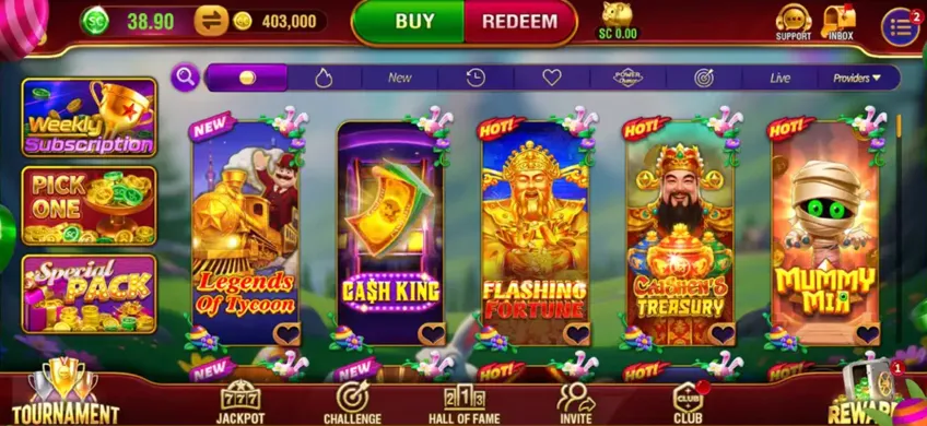 Gleaming Slots mobile app interface showing the casino lobby