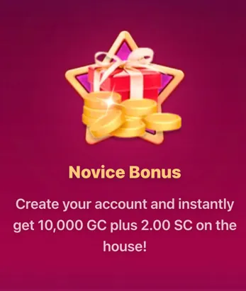 Gleaming Slots Novice Bonus sign-up offer with free Gold Coins and Sweeps Coins