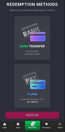 Gleaming Slots redemption methods showing PayPal and bank transfer options