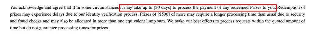 Gleaming Slots sweepstakes rules showing up to 30 days for prize redemption processing