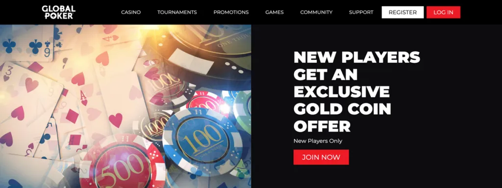Global Poker website promoting a discounted first-purchase Gold Coin package for new players