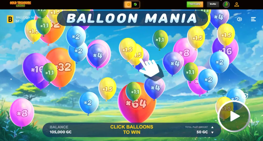 Balloon Mania multiplier game on Gold Treasure Casino