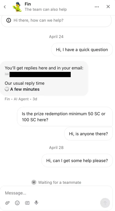 Gold Treasure Casino live chat window with AI agent Fin and no response from support team