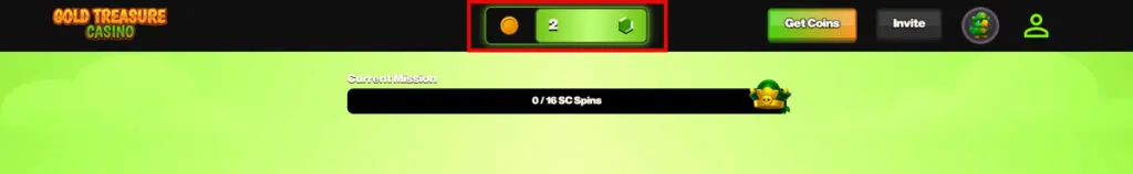 Gold Treasure Casino toggle for switching between GC and SC modes