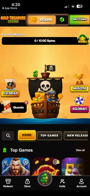 Gold Treasure Casino mobile app lobby showing games and promotions