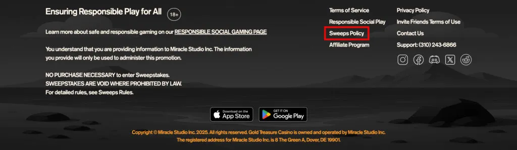 Gold Treasure Casino Sweeps Policy link located in the website footer