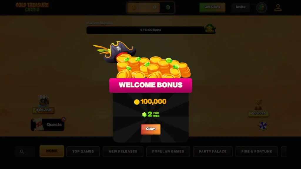 Gold Treasure Casino welcome bonus pop-up offering 100K Gold Coins and 2 Sweeps Coins