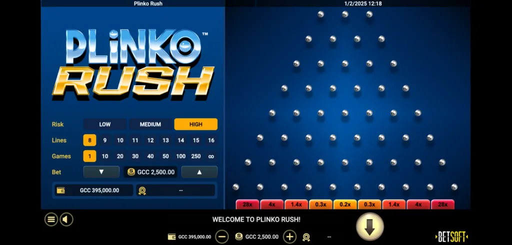 Plinko Rush specialty game with chips dropping into multiplier prize slots