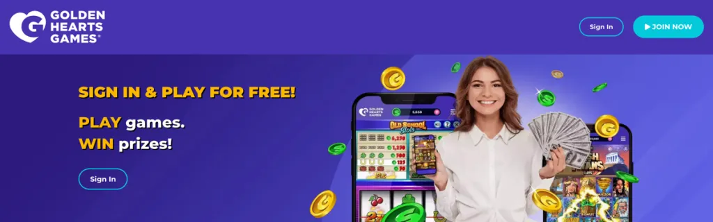 Golden Hearts Casino homepage, encouraging players to sign up or log in to play games online and win prizes