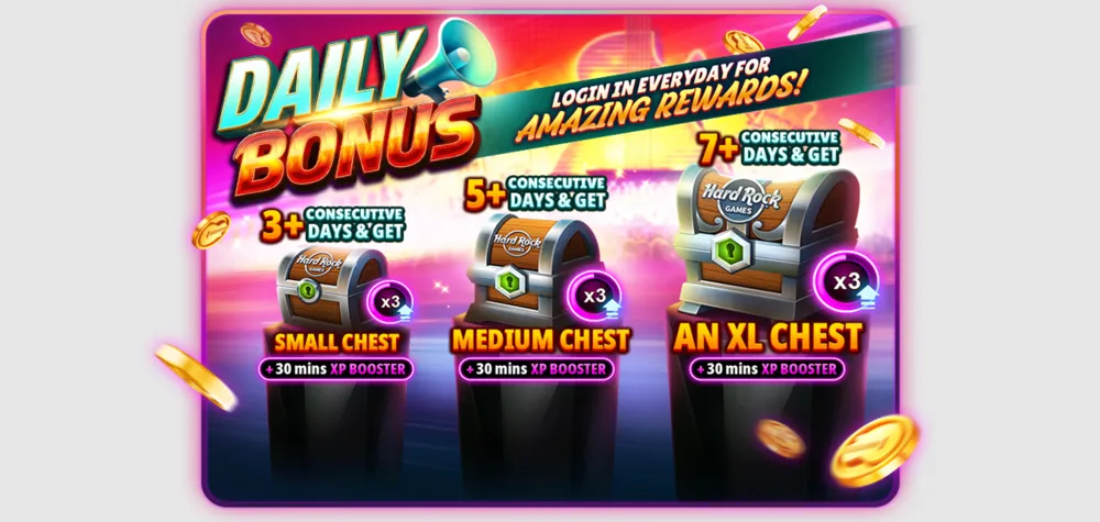 Hard Rock Jackpot Planet consecutive login rewards and streak bonuses