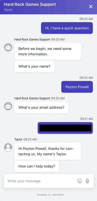 Hard Rock Jackpot Planet live chat messages with support agent