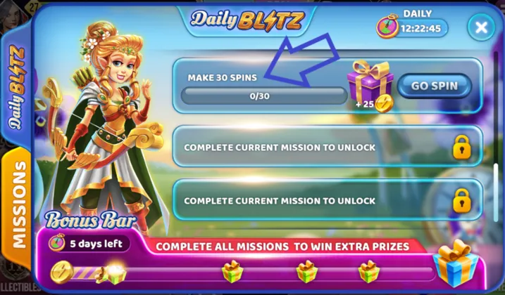 Hard Rock Jackpot Planet Missions tab with “Make 30 Spins” Daily Blitz task
