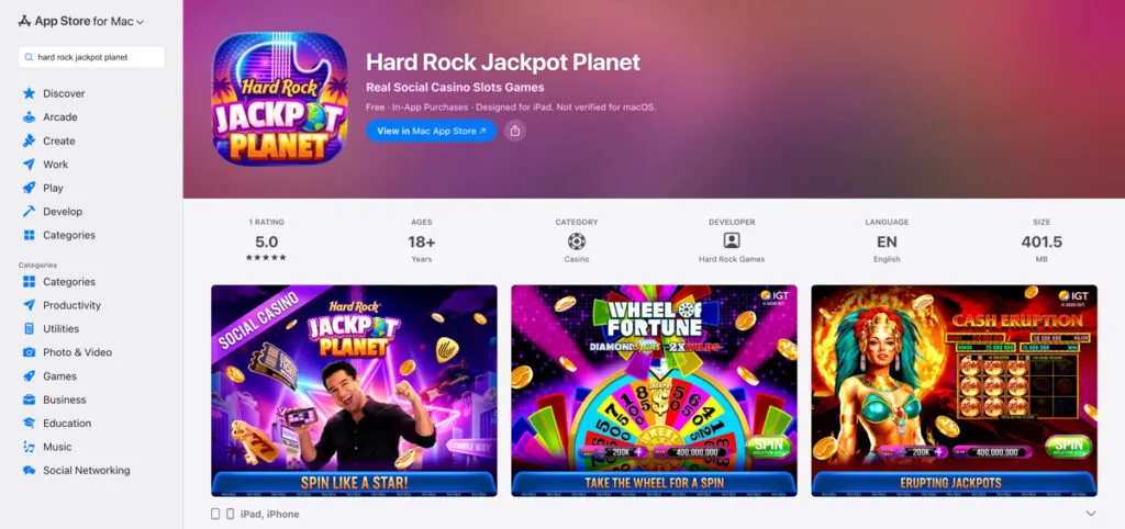 Hard Rock Jackpot Planet Mac app preview on the App Store