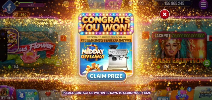 Hard Rock Jackpot Planet giveaway winner pop-up message