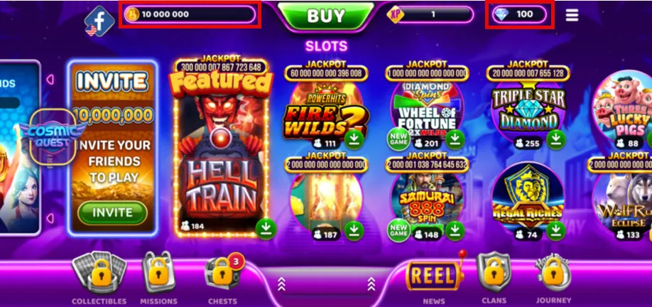 Hard Rock Jackpot Planet app showing 10 million free Coins and 100 Diamonds from the sign-up bonus