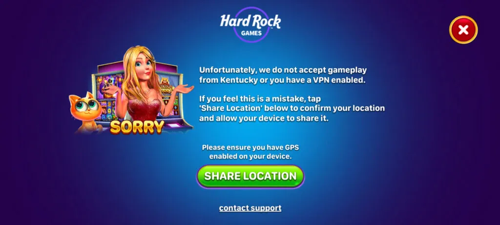 Hard Rock Jackpot Planet restricted location pop-up message