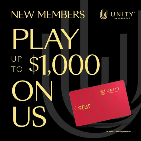 Hard Rock Casino Northern Indiana promo offering up to $1,000 in free play for new Unity members based on first-day losses
