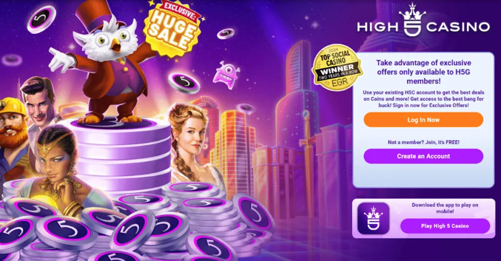 High 5 Casino signup page featuring an exclusive welcome bonus and mobile app promo
