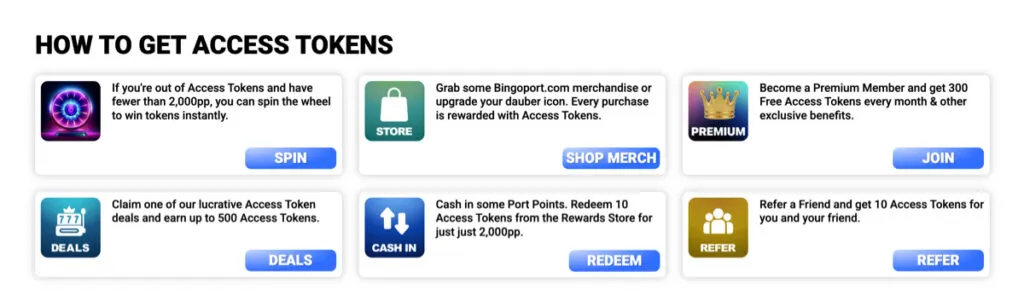 Bingoport website showing different ways players can get free Access Tokens