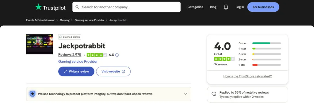 JackpotRabbit Trustpilot rating showing 4.0 out of 5 stars