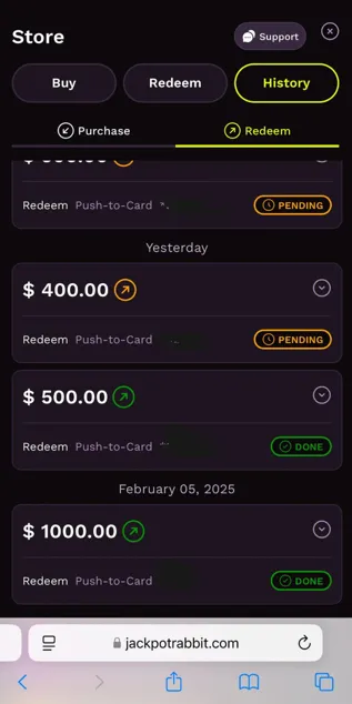 JackpotRabbit redemption history showing payout status and recent redemption requests