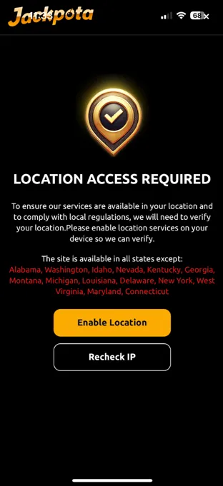 Location access prompt on the Jackpota app notifying users they must enable location services to play