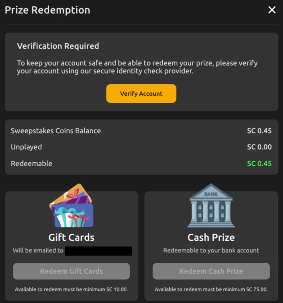 Jackpota Casino Prize Redemption options showing gift cards and cash prize methods, with a reminder to verify your account before redeeming