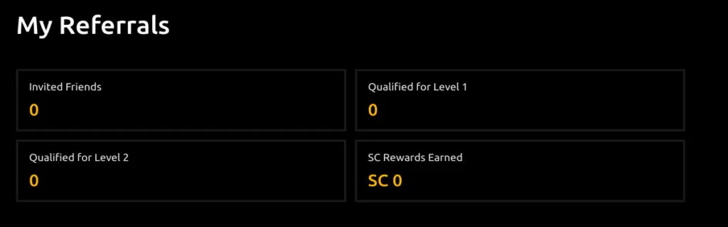 Jackpota My Referrals section showing invited friends, qualified referrals, and total SC rewards earned