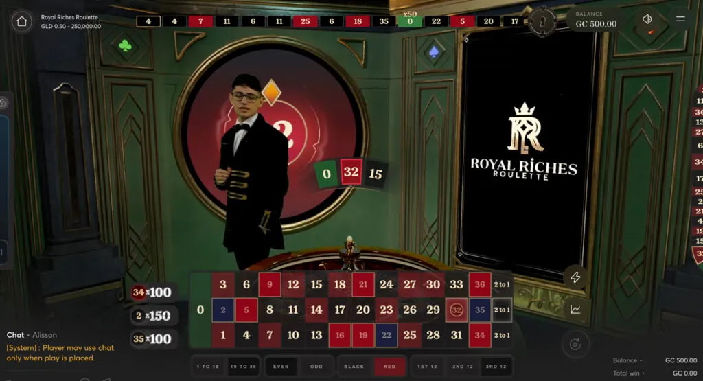 Screenshot of Royal Riches roulette, featured as one of the live dealer games available with a Louisiana no-deposit bonus.