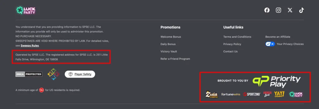 Owner and operator information listed on the Luck Party Casino website