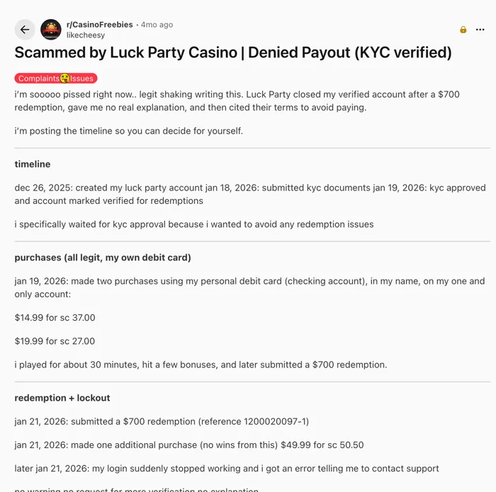 Reddit feedback from a former Luck Party Casino player