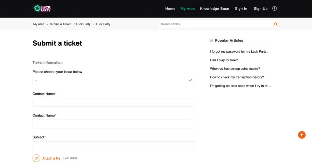 "Submit a ticket" customer support option on Luck Party Casino