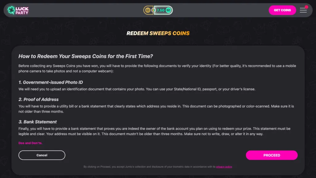 Luck Party KYC verification process required before redeeming prizes