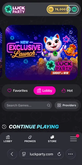 Luck Party mobile website shown on an iPhone