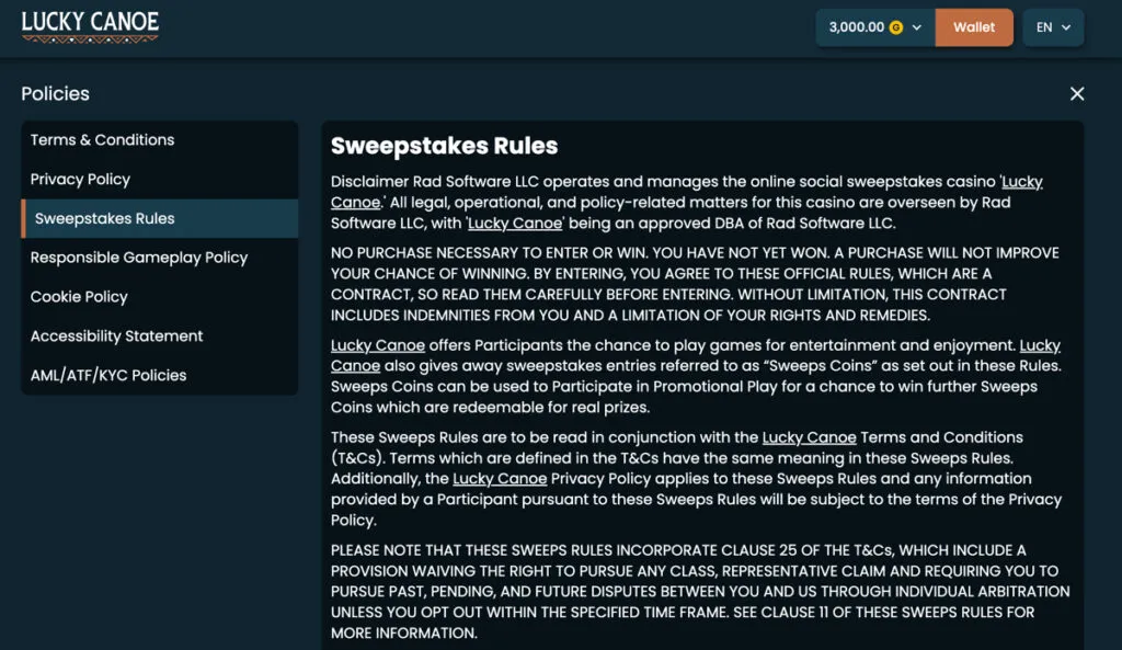 Sweepstakes rules for Lucky Canoe Casino