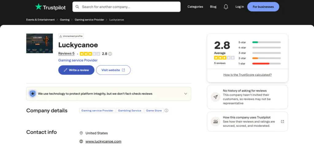 Lucky Canoe Trustpilot ratings and player reviews