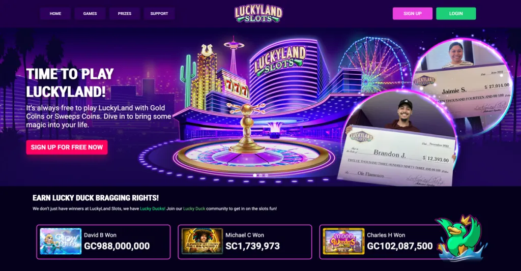 LuckyLand Slots homepage showing recent wins by KY sweepstakes casino players