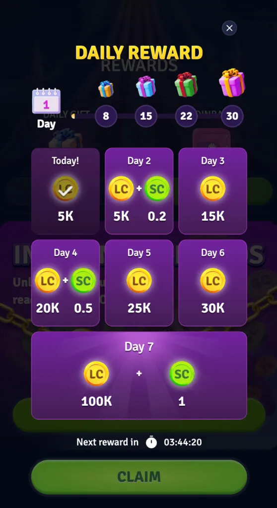 Lunaland Casino daily reward with increasing login streak bonuses